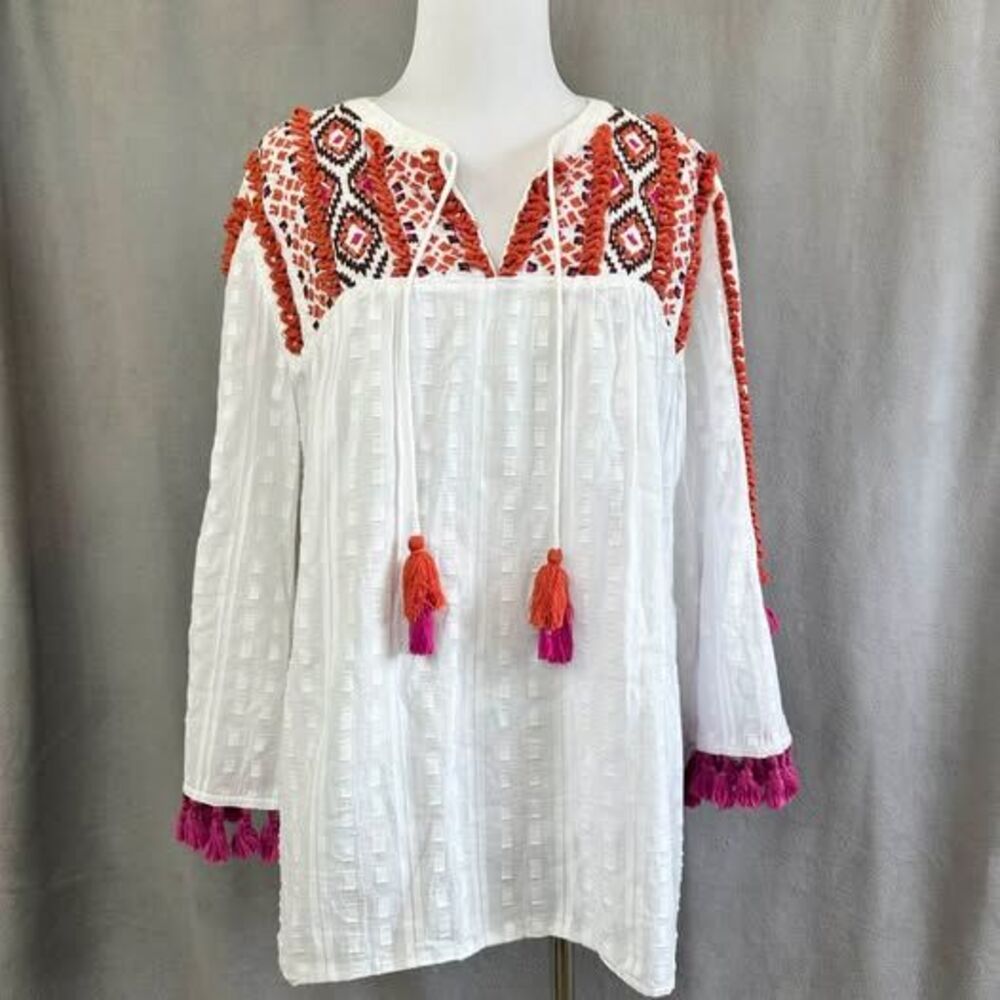 Chico's Size 2 Embroidered Tassel Tunic Blouse
